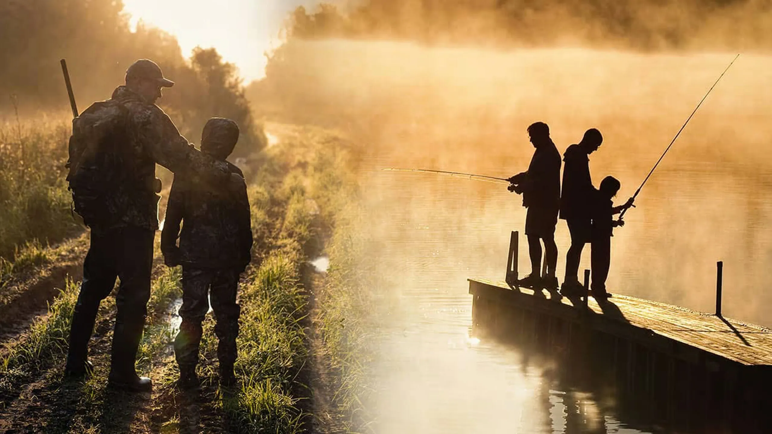 Two families are outdoors with hunting and fishing gear